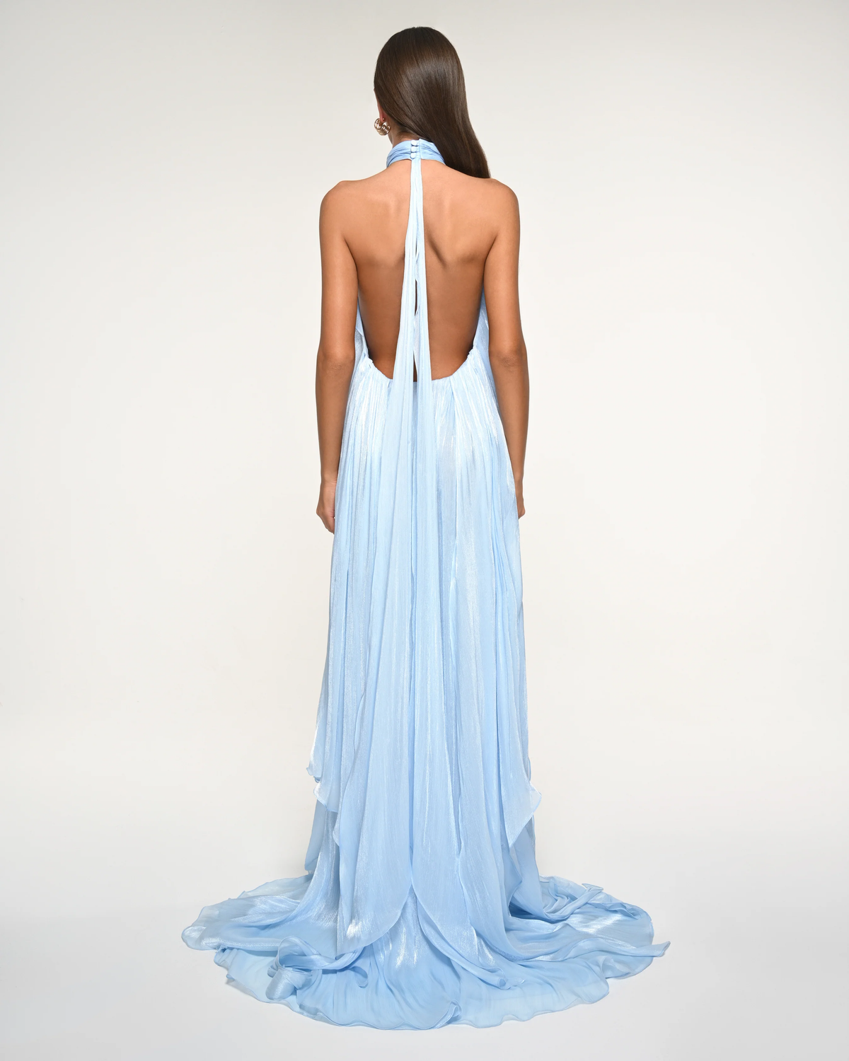 Halter Neck Ruffled Shimmer Maxi Evening Gown, Sleeveless Chiffon Formal Wedding Guest Long Dress