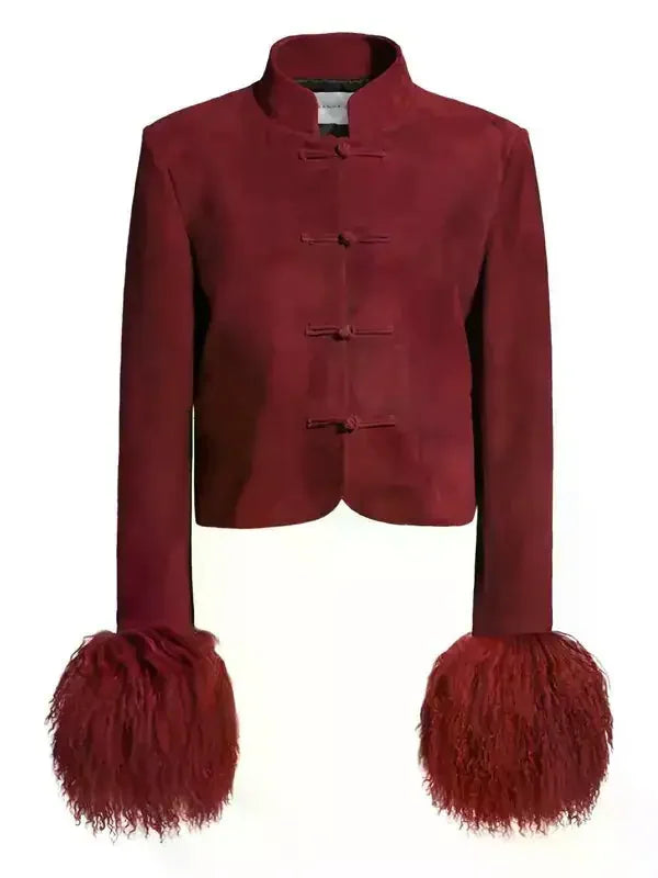 Chaqueta corta de ante con cuello mandarín, botones de rana y puños de piel