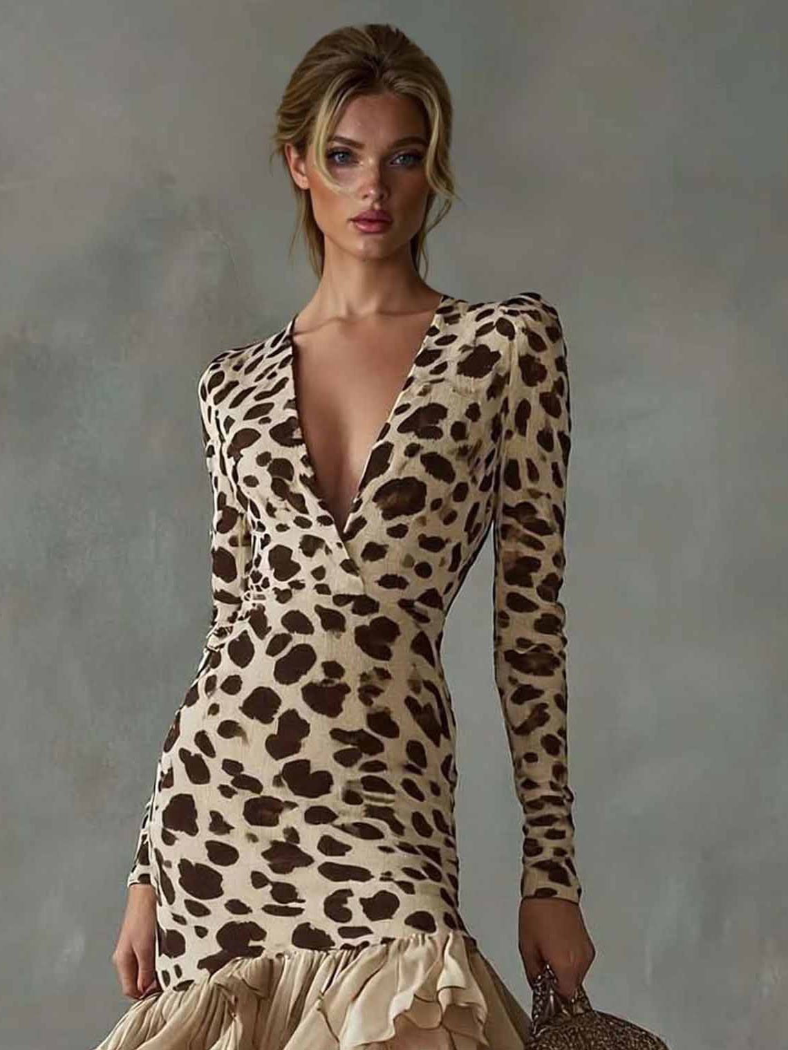 Vestido maxi estampado com folhos e decote em V