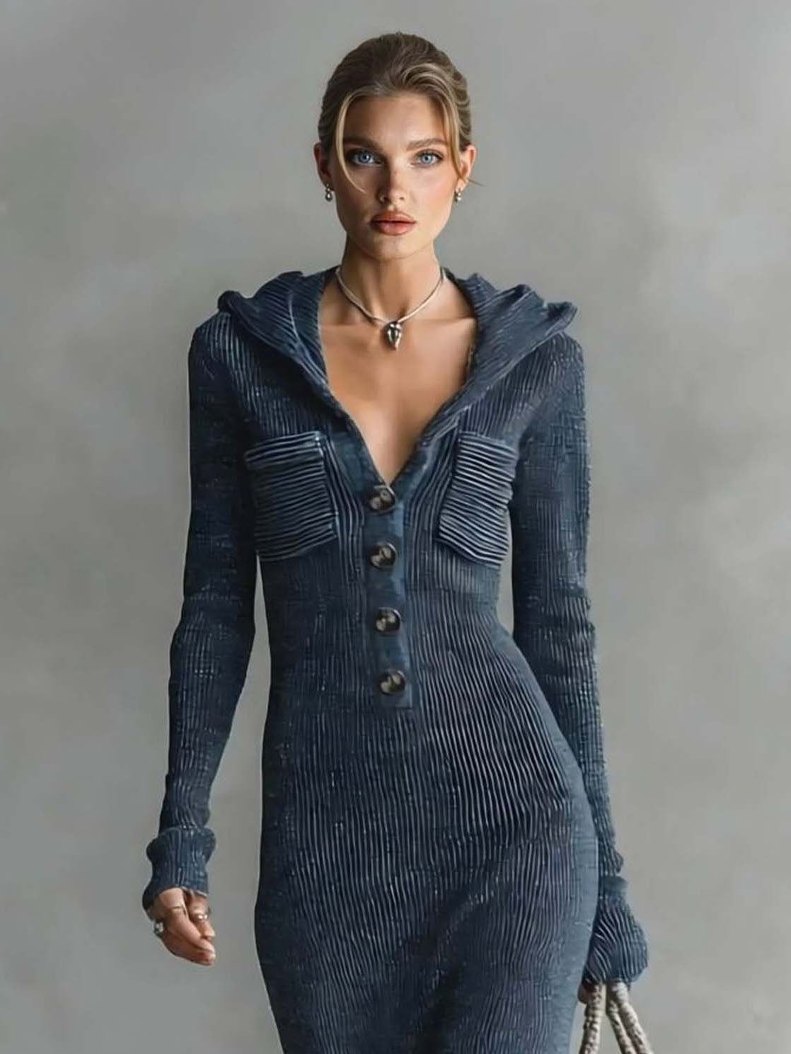 Vestido comprido casual de malha, justo e com capuz