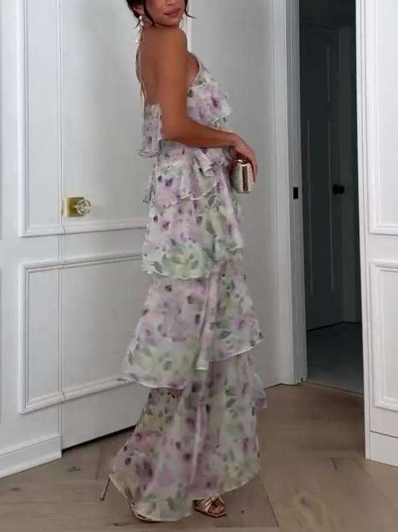 Halter Neck Multi-Layered Ruffle Floral Print Dress