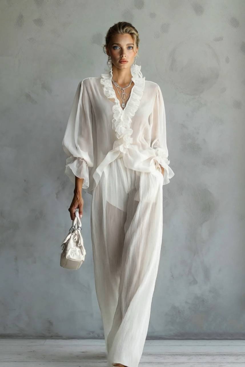 Set composto da camicia di pizzo a maniche lunghe e pantaloni a gamba larga