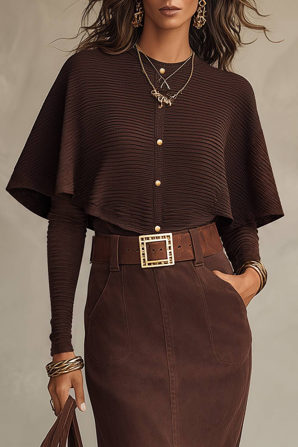 Set a due pezzi composto da top in maglia con mantella e gonna lunga
