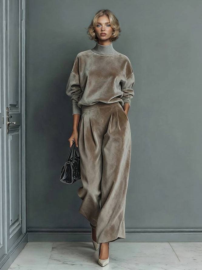Ensemble élégant deux pièces avec haut en velours à col montant et pantalon plissé à jambes larges