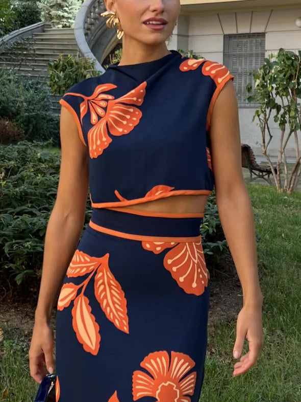 Exquisites T-Shirt mit Pflanzen- und Blumenprint, kurzen Flügelärmeln