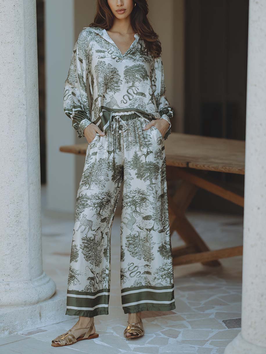 Pantalon ample en satin à imprimé floral jungle et jambes larges