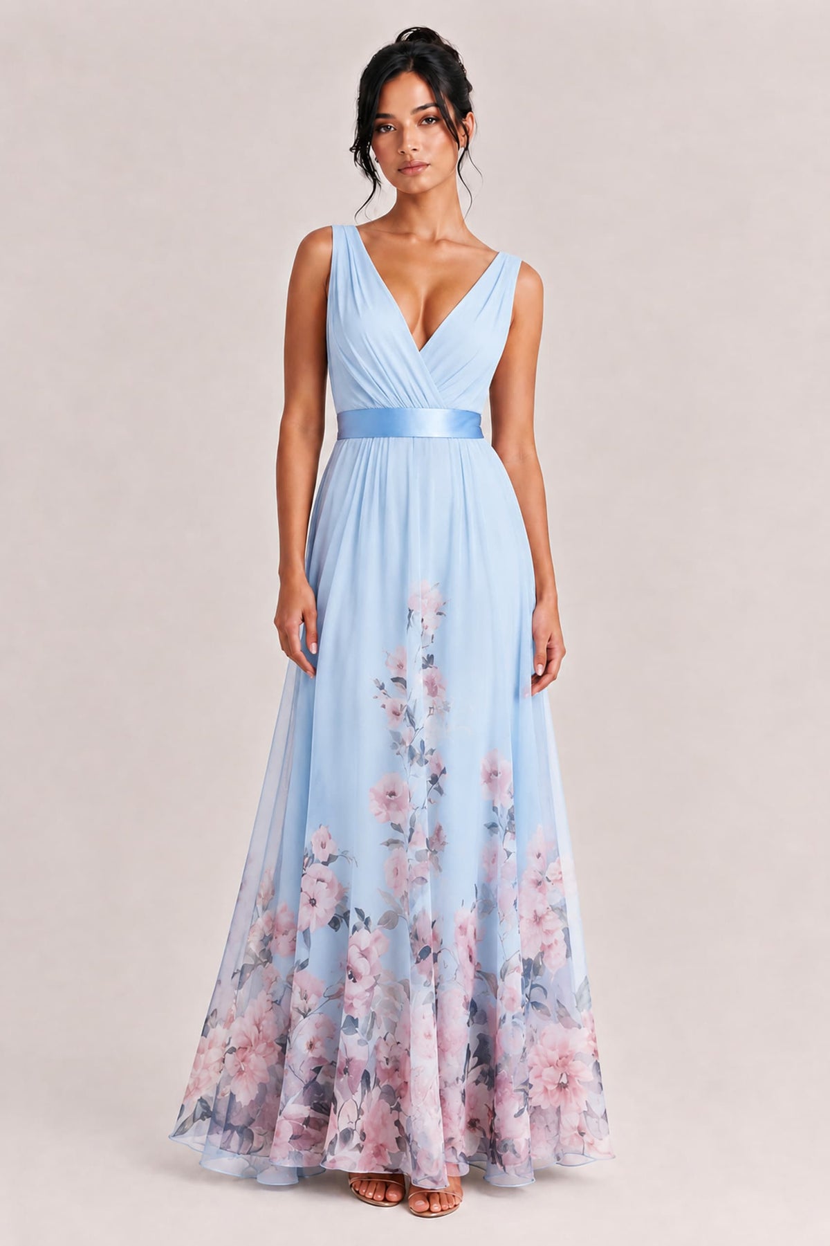 Elegantes Maxikleid mit Blumenmuster und V-Ausschnitt