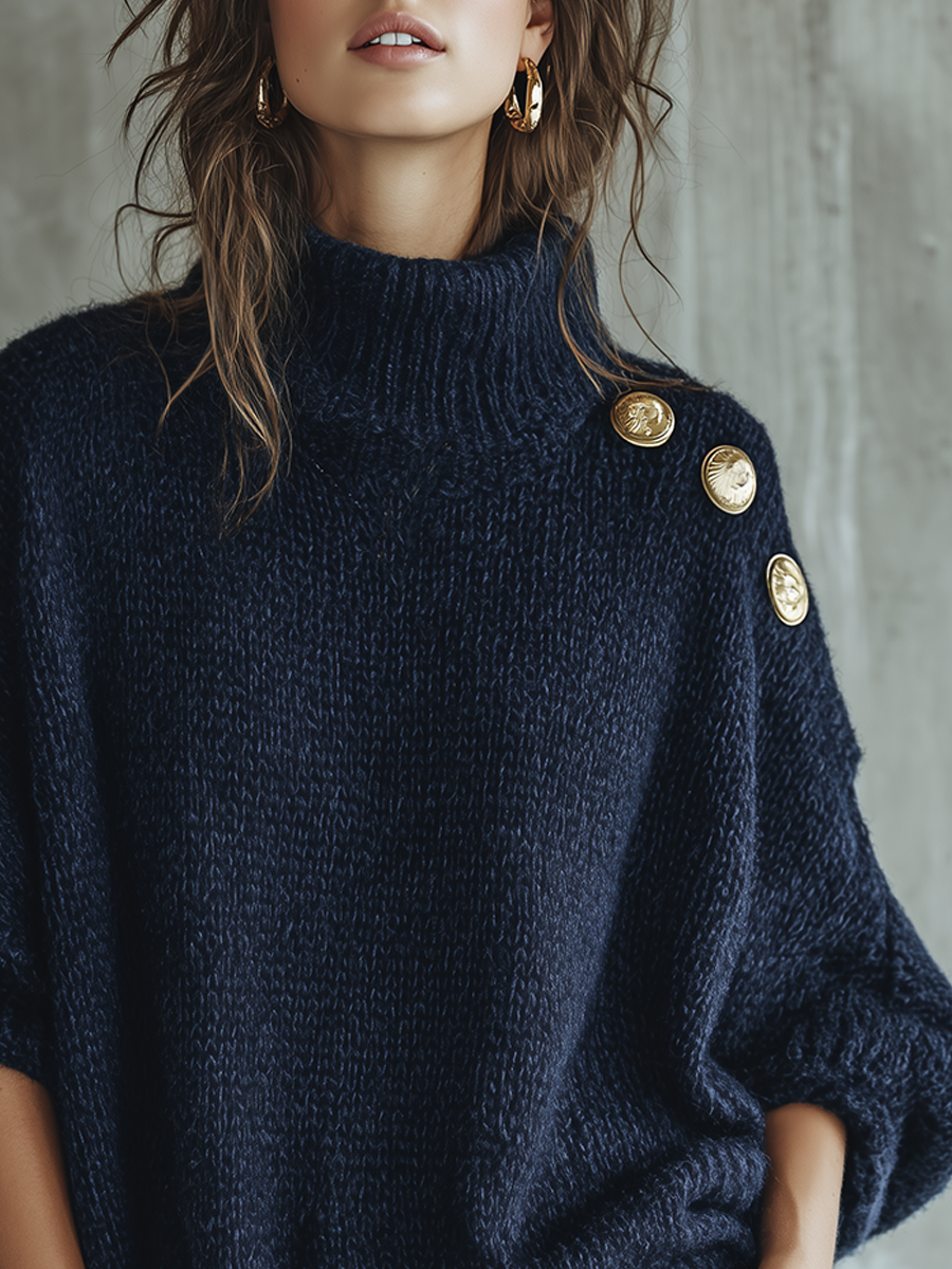 Camisola casual azul-marinho com botões dourados