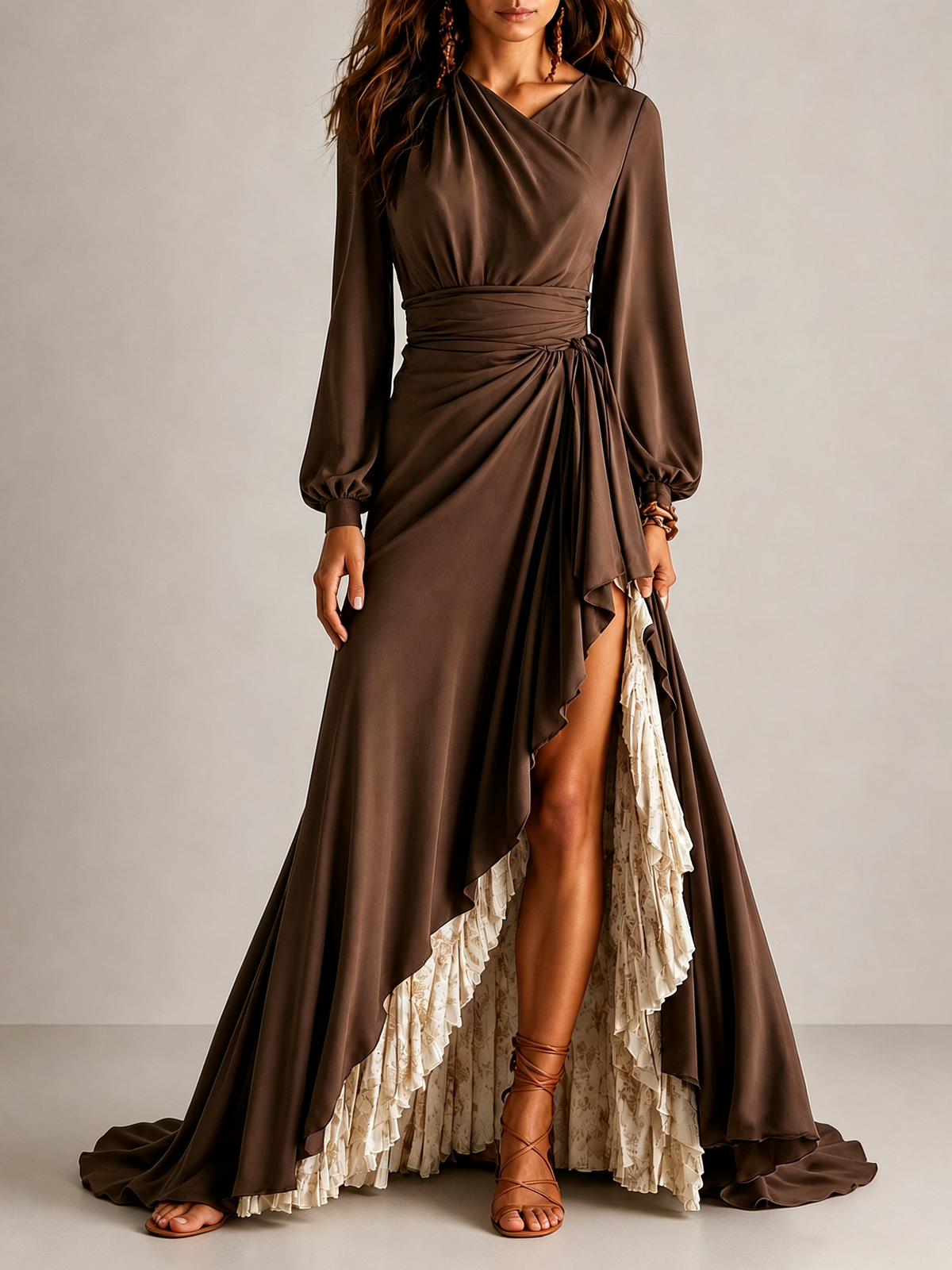 Chocolate Brown Satin Asymmetric Ruffle Hem Maxi Dress With Floral Contrast