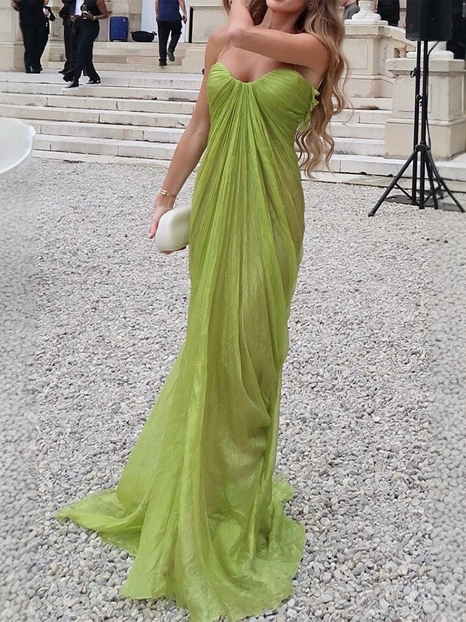 Lime Green Pleated Strapless Maxi Dress – Sweetheart Neck Mermaid Gown With Train
