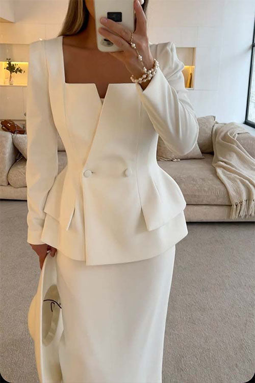 Conjunto formal de dos piezas con blazer blanco de solapa con muesca y falda midi