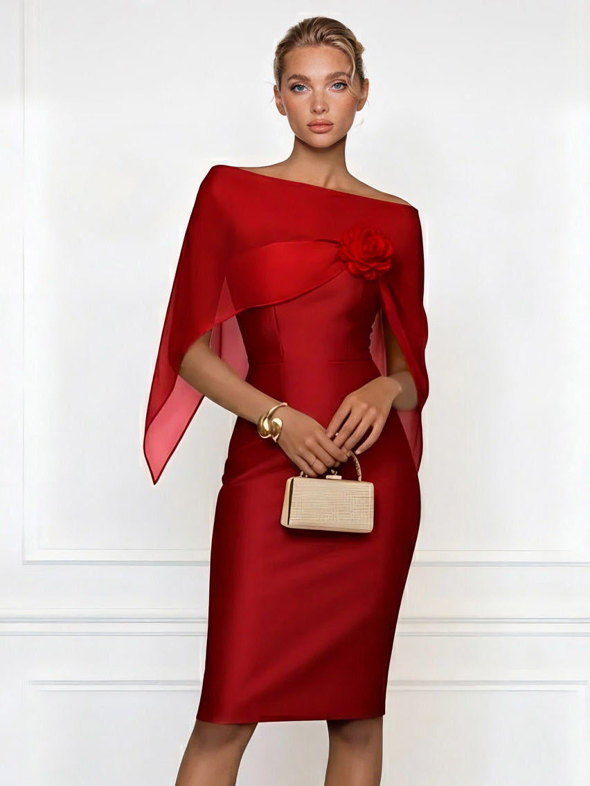 Asymmetrical One-Shoulder Sheer Shawl Satin Midi Dress