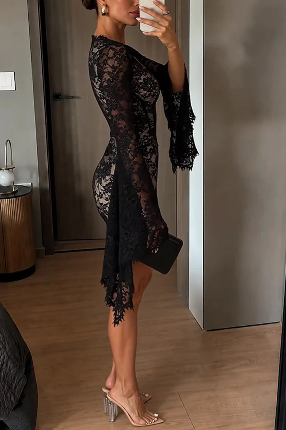 Black Lace Corset Long Flared Sleeve Bodycon Mini Dress