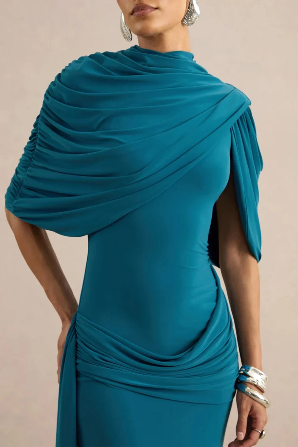High Neck Draped Cape Asymmetric Ruched Maxi Dress with Slit