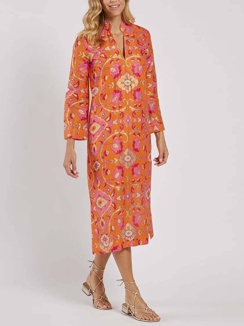 Vestido midi estampado com gola subida