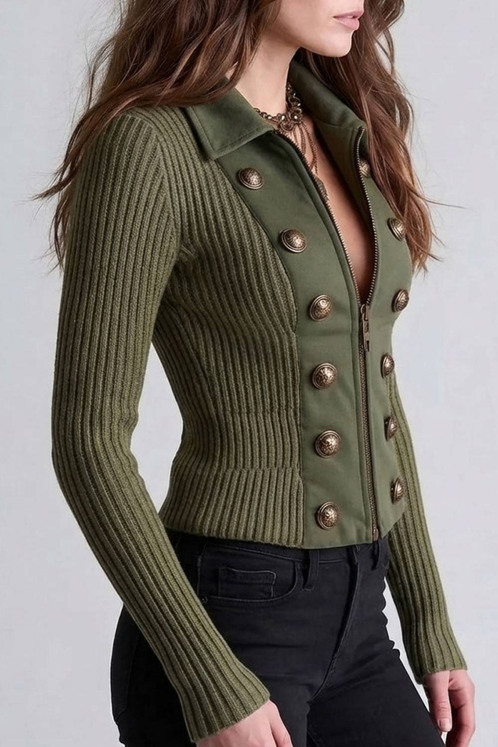 Collared Zip Front Fitted Jacket with Decorative Military Buttons