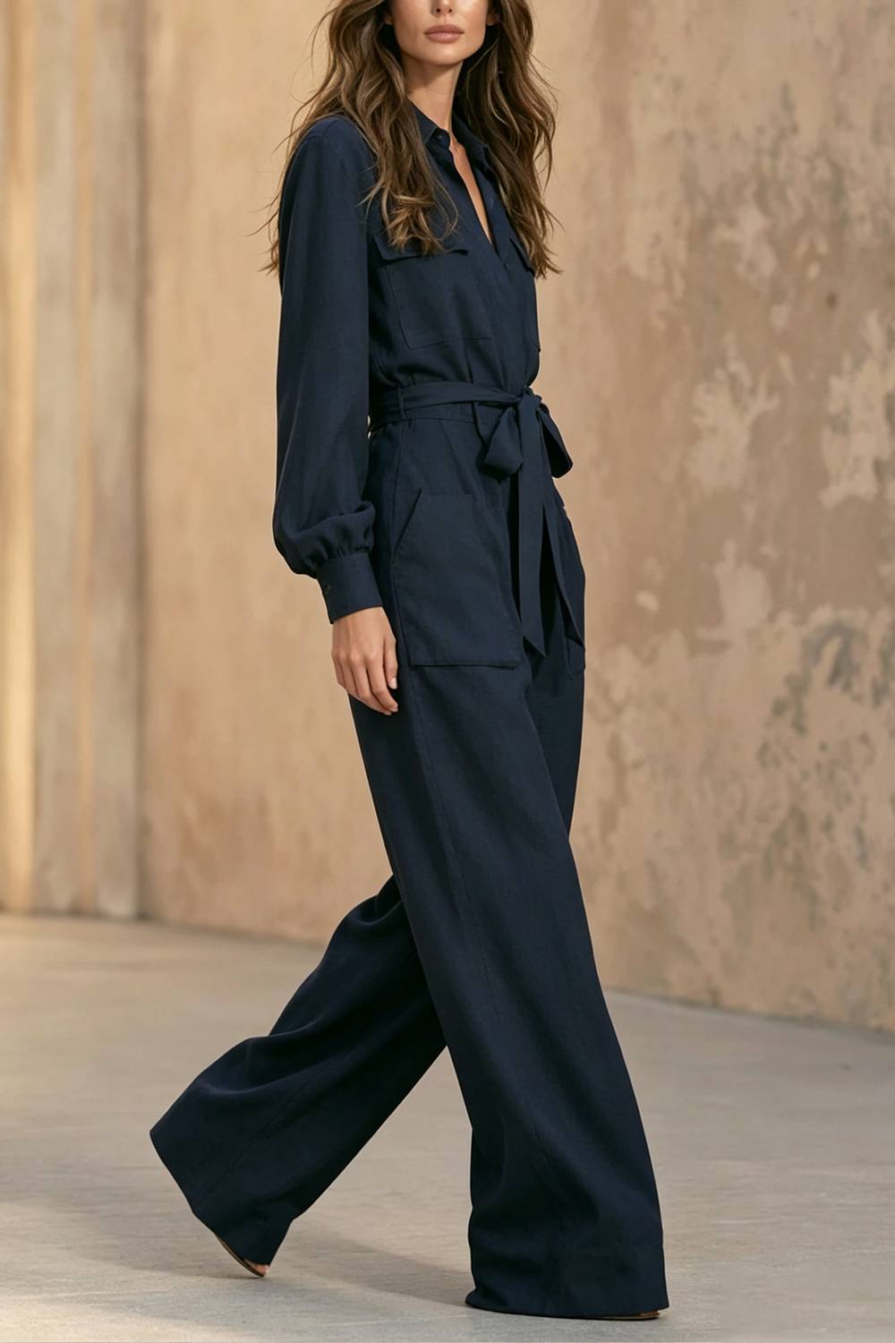 Collared Long Sleeve Belted Wide‑Leg Utility Jumpsuit