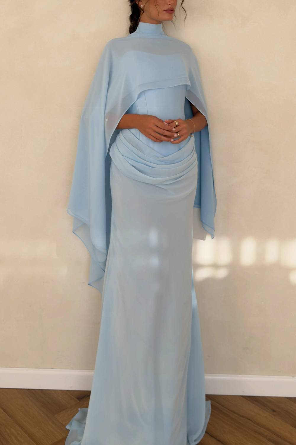 Women High Neck Cape Draped Chiffon Mermaid Maxi Gown
