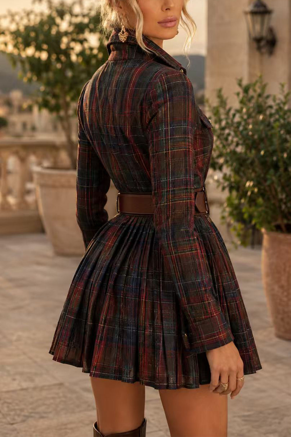 Plaid Collar Long Sleeve Shirt Mini Dress Women Button Down Pleated Fall Short Dress