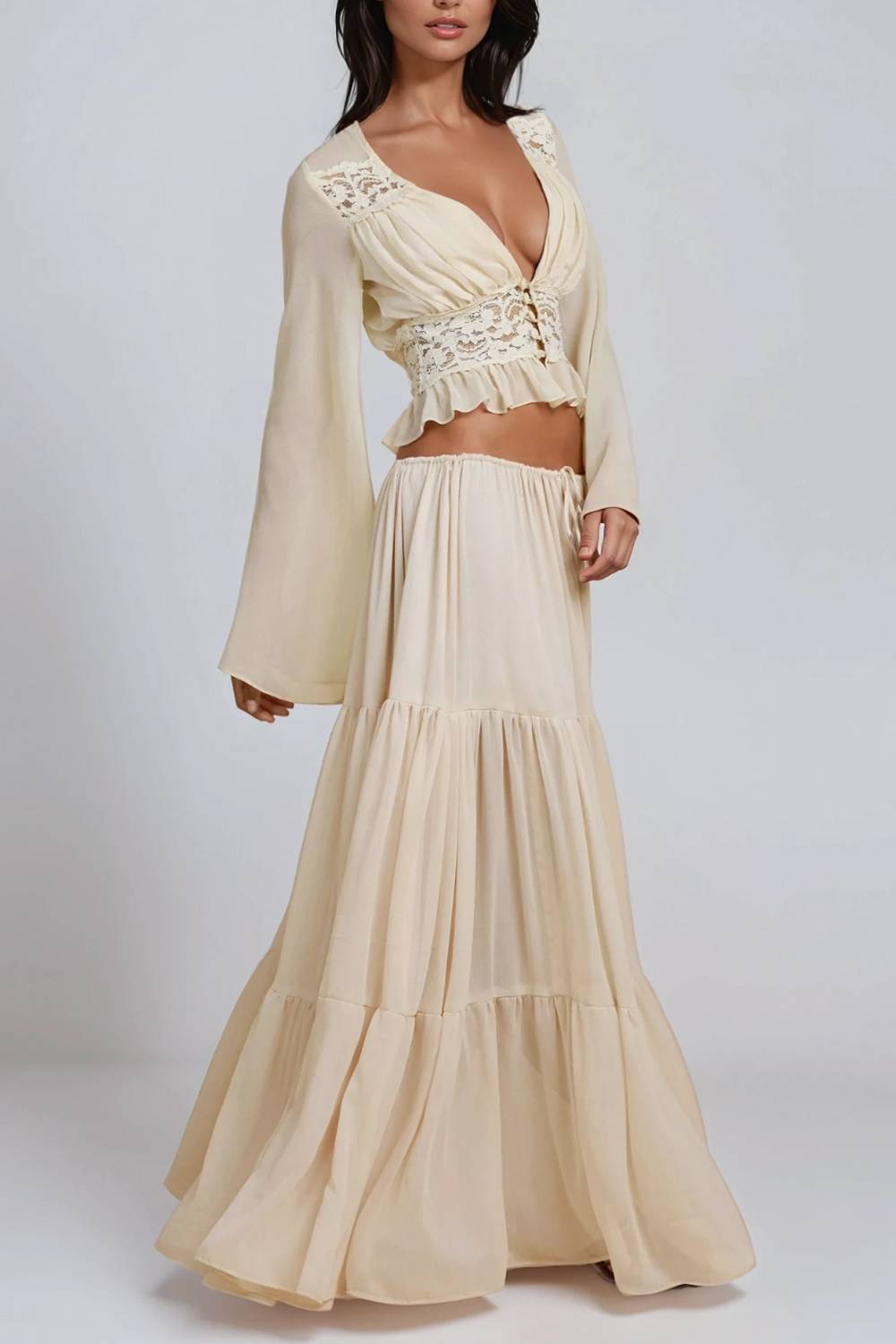 Bohemian Resort-Style Lace-Patchwork Top And Skirt Two-Piece Set