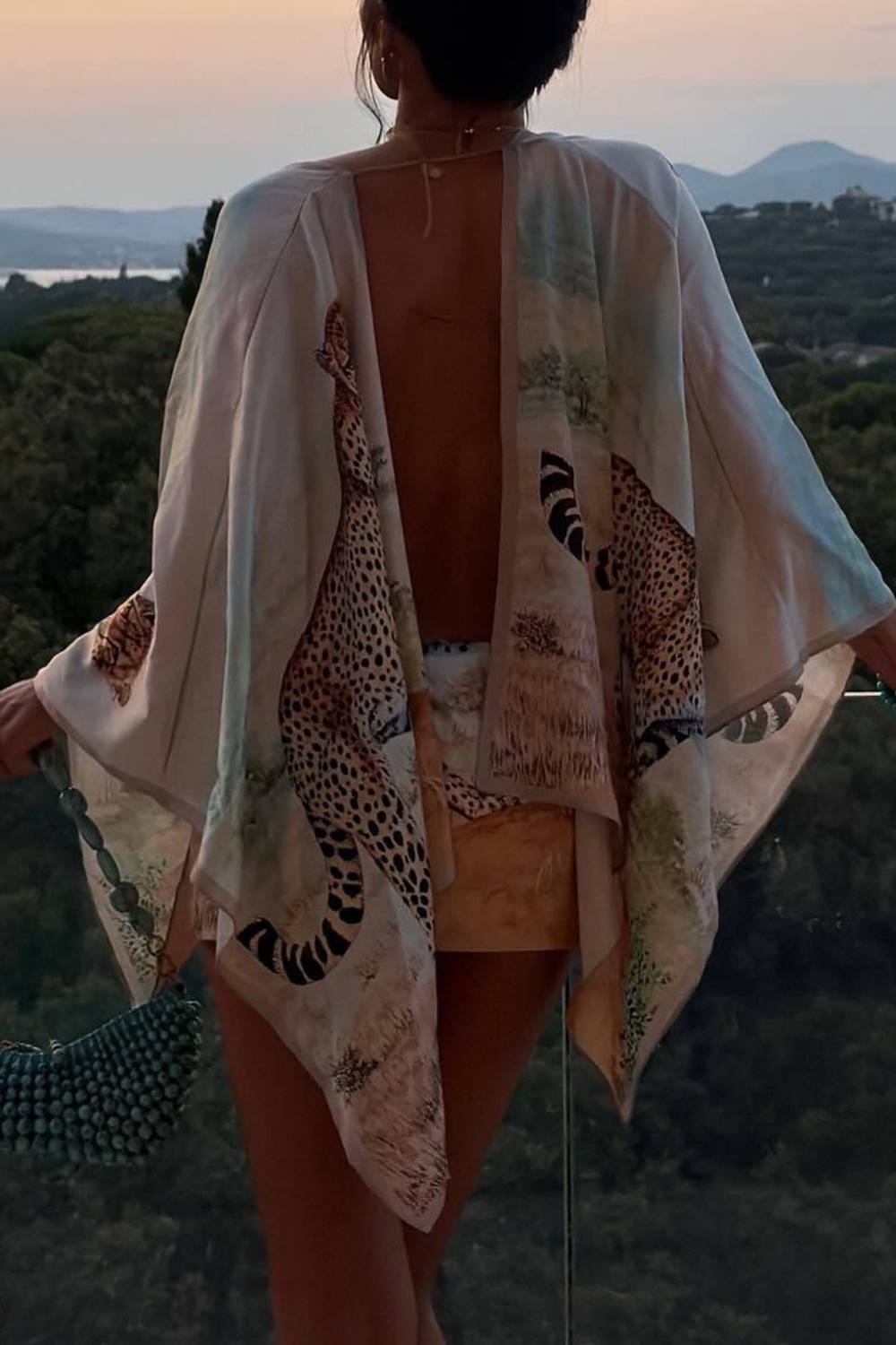 Deep V‑Neck Wide Flare Sleeve Leopard Landscape Print Wrap Mini Dress