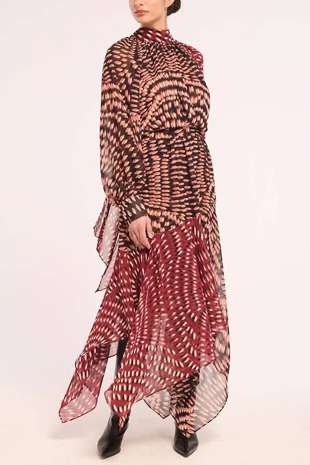 High Neck Long Sleeve Printed Asymmetrical Hem Maxi Dress