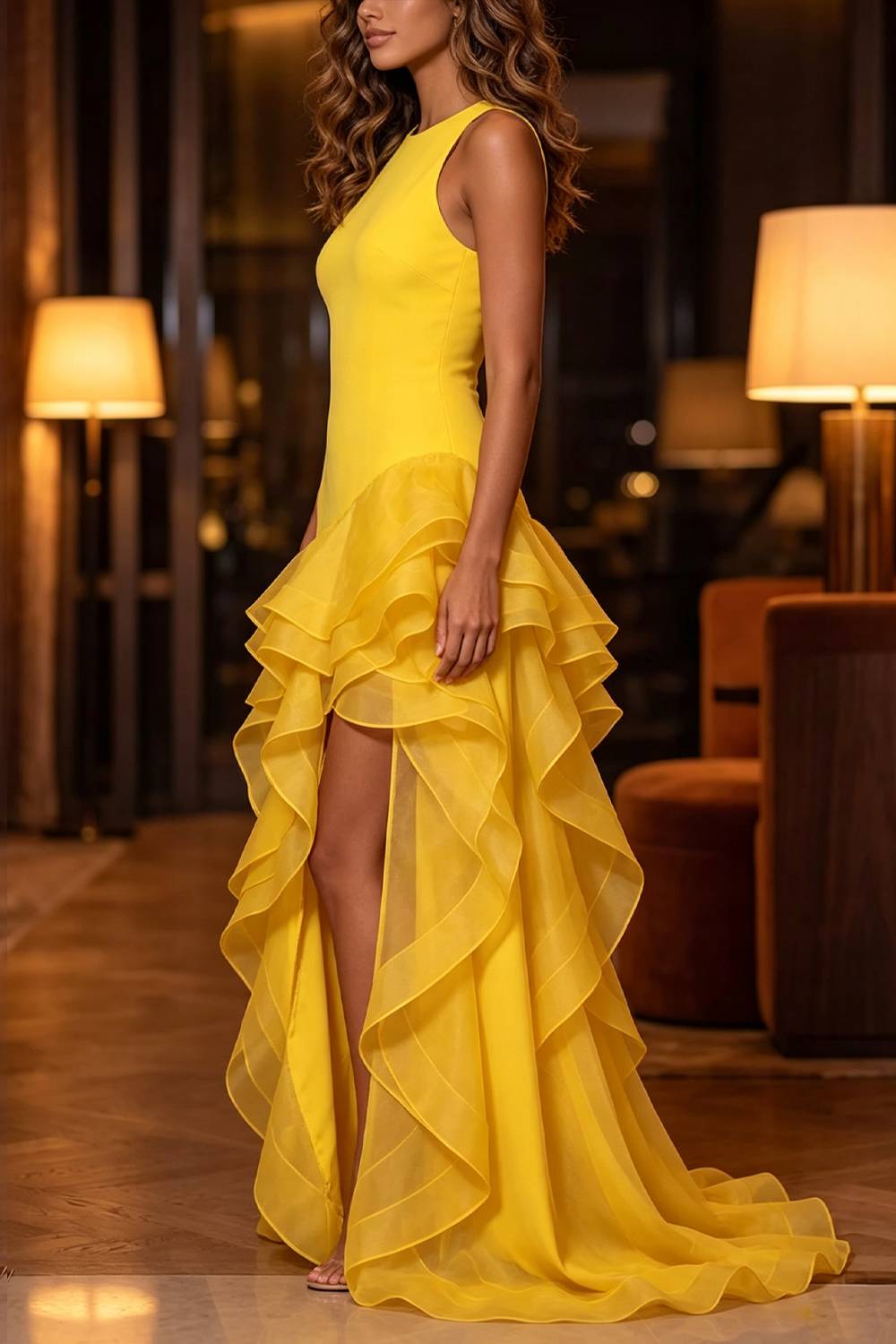 Sleeveless Round Neck Back Zipper Asymmetrical Layered Ruffle High‑Slit Evening Maxi Dress