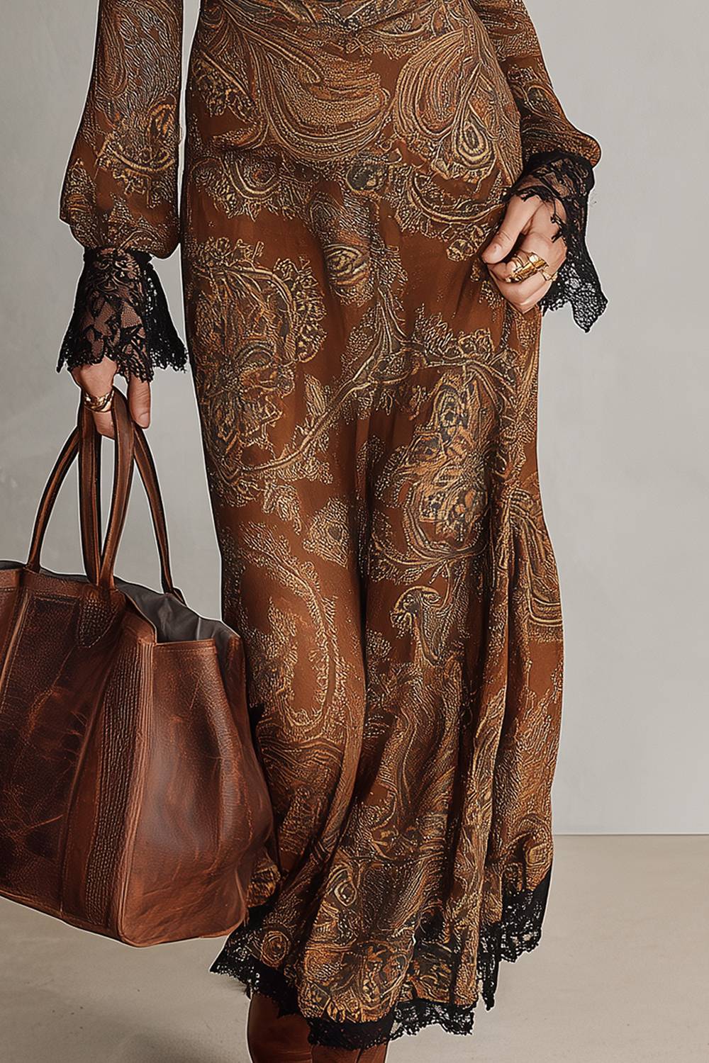 Deep V‑Neck Lace Trim Paisley Print Long Sleeve Maxi Dress