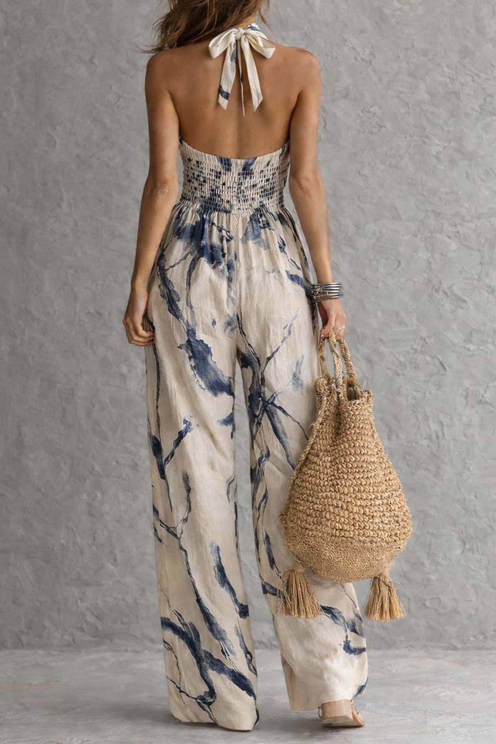 Neck Ink-Print Wide-Leg Jumpsuit