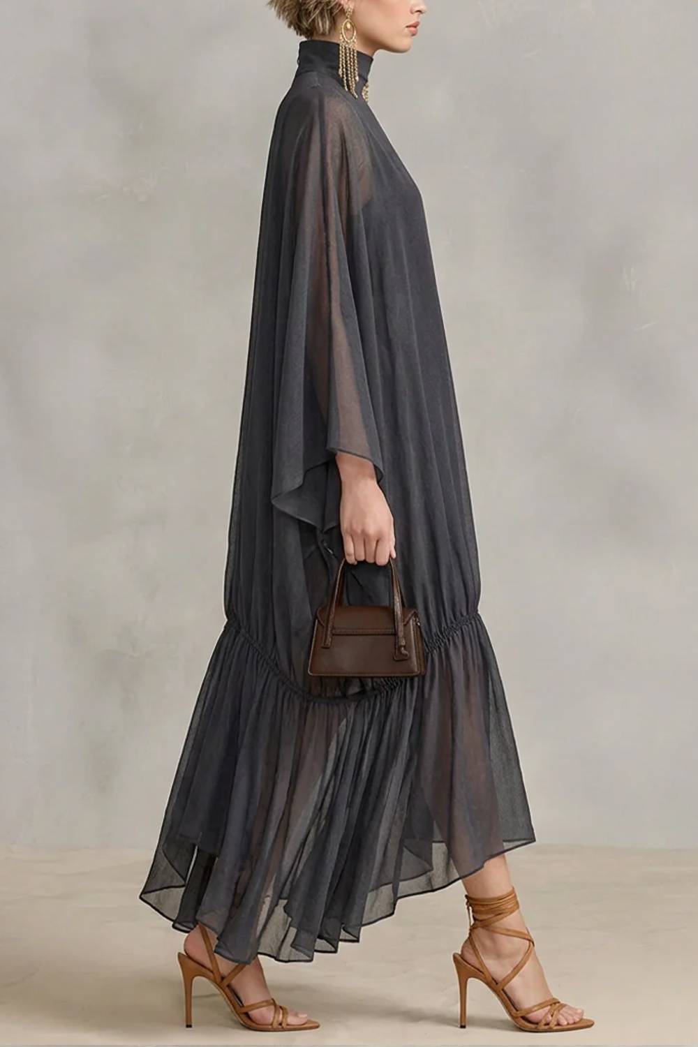 Turtleneck Cape‑Style Flowy Ruffle Hem Maxi Dress