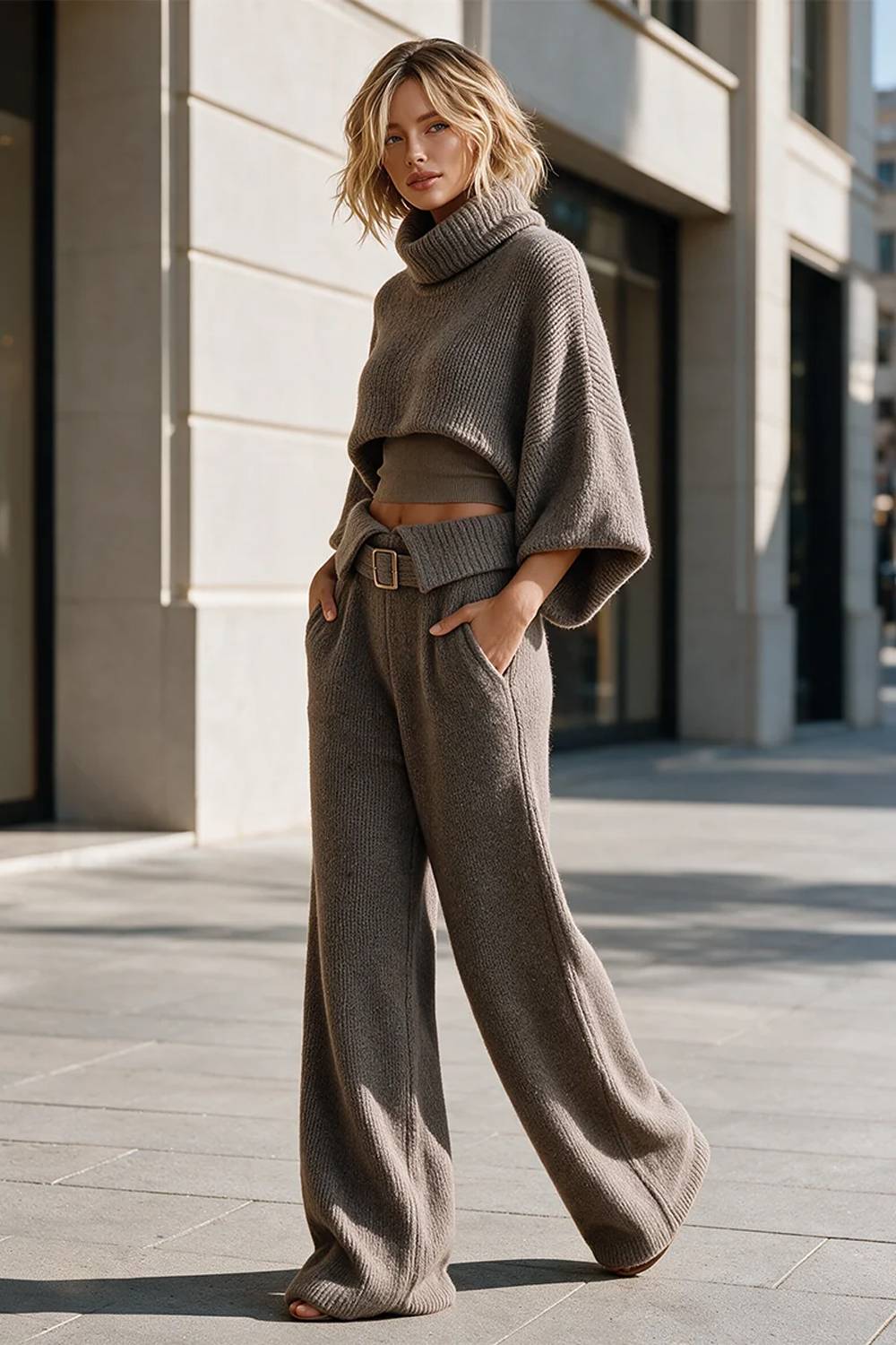 Zweiteiliges Set aus kurzem Strickpullover mit Rollkragen und Fledermausärmeln und Hose mit weitem Bein und Gürtel
