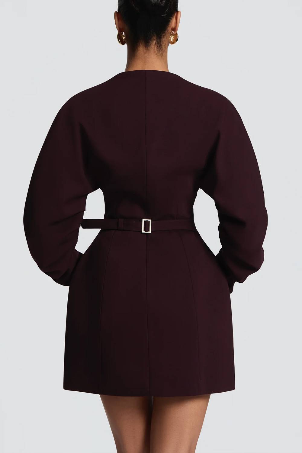 Stand Collar Deep V Button Front Long Sleeve Mini Blazer Dress