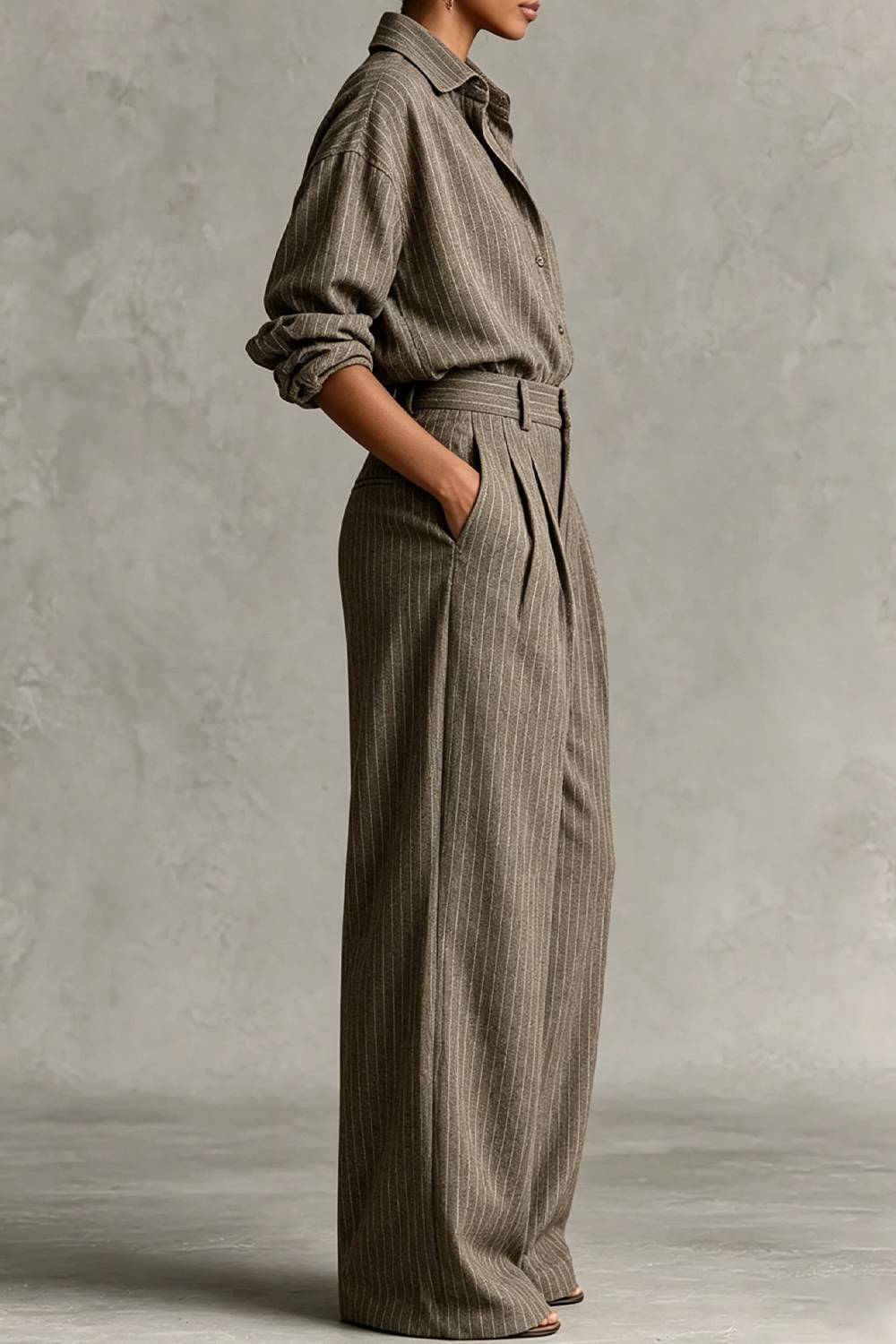 Oversized Striped Button‑Down Shirt & Pleated Wide‑Leg Pants Two‑Piece Set