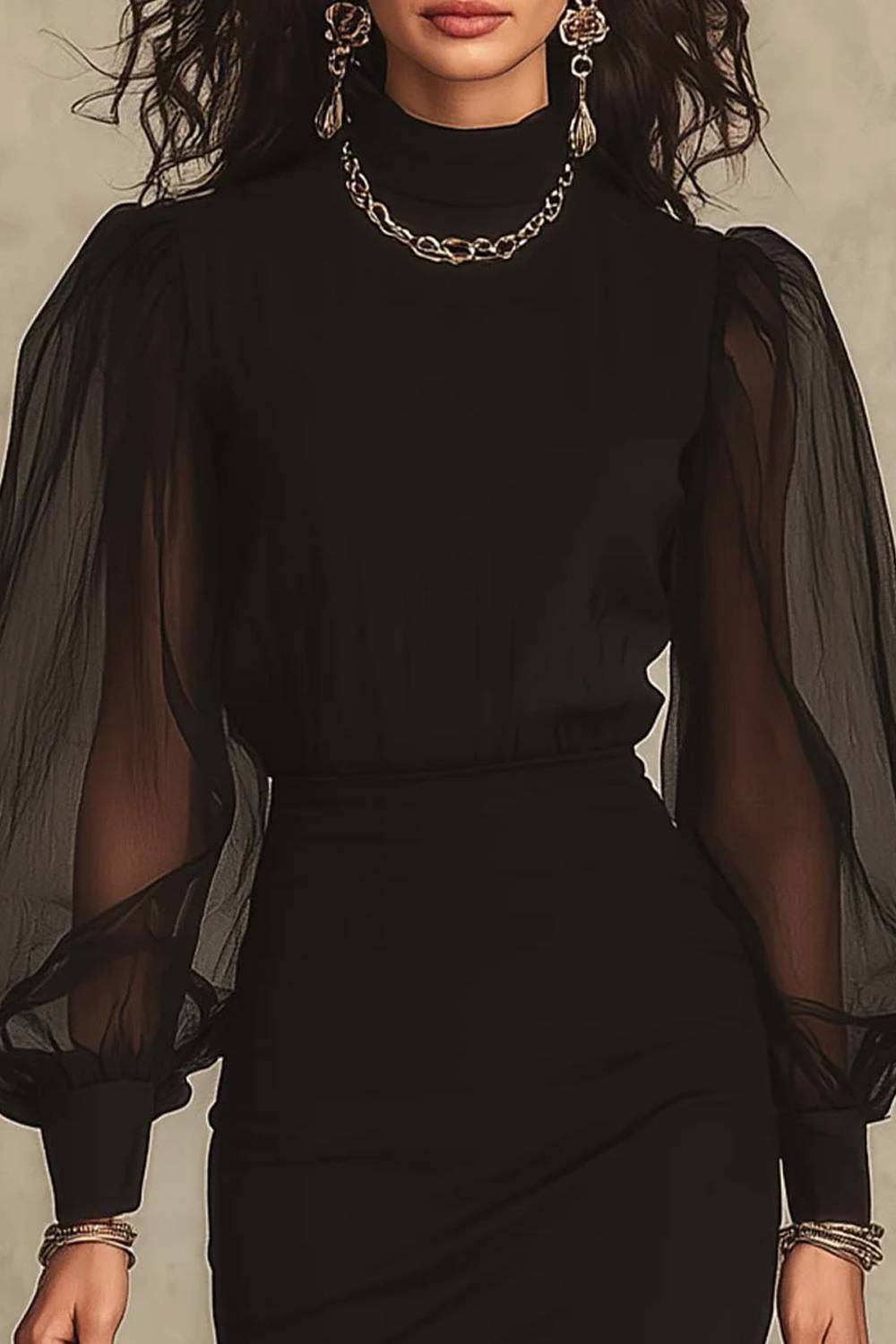 Abito bodycon maxi arricciato a collo alto in rete, con maniche lunghe a sbuffo