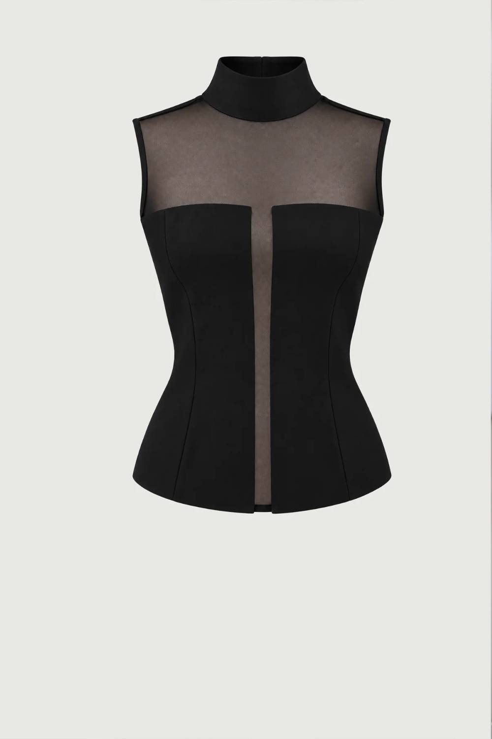 Zweiteiliges Set aus ärmellosem Mesh-Top mit Stehkragen und Hose mit hohem Bund und weitem Bein