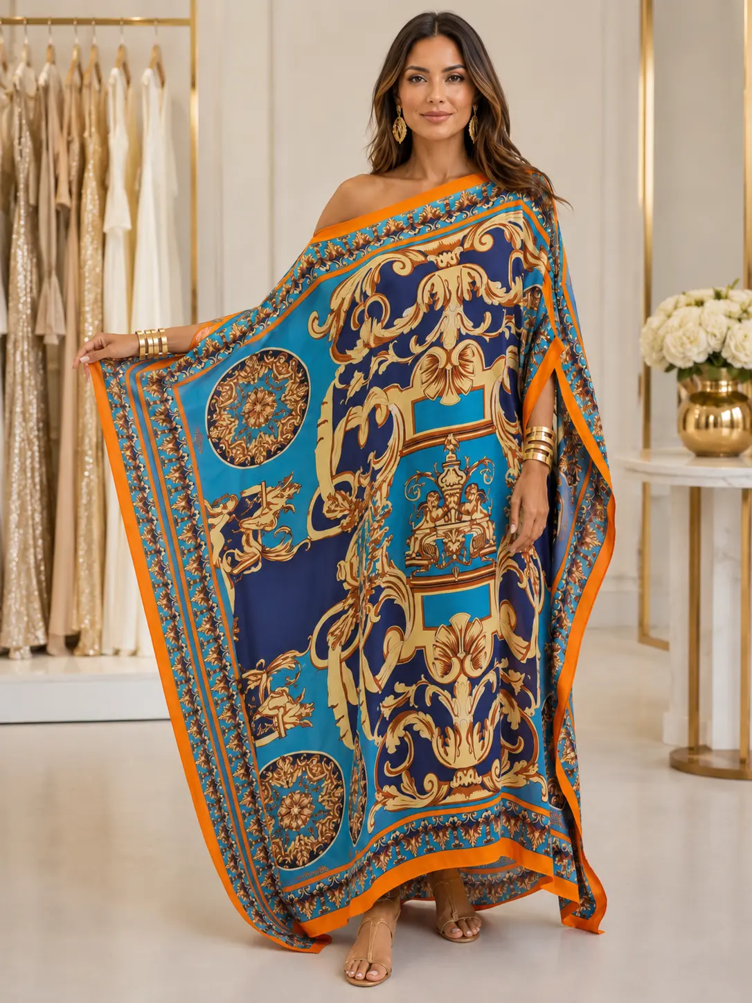 Blue & Gold Baroque Print One-Shoulder Kaftan – Silk-Like Maxi Cover-Up