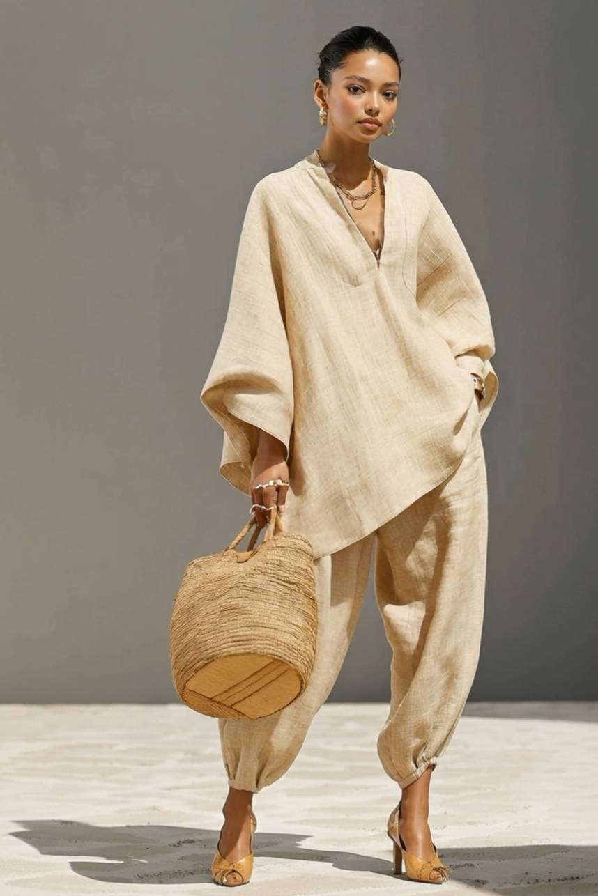 Ensemble chemise ample à col montant et pantalon