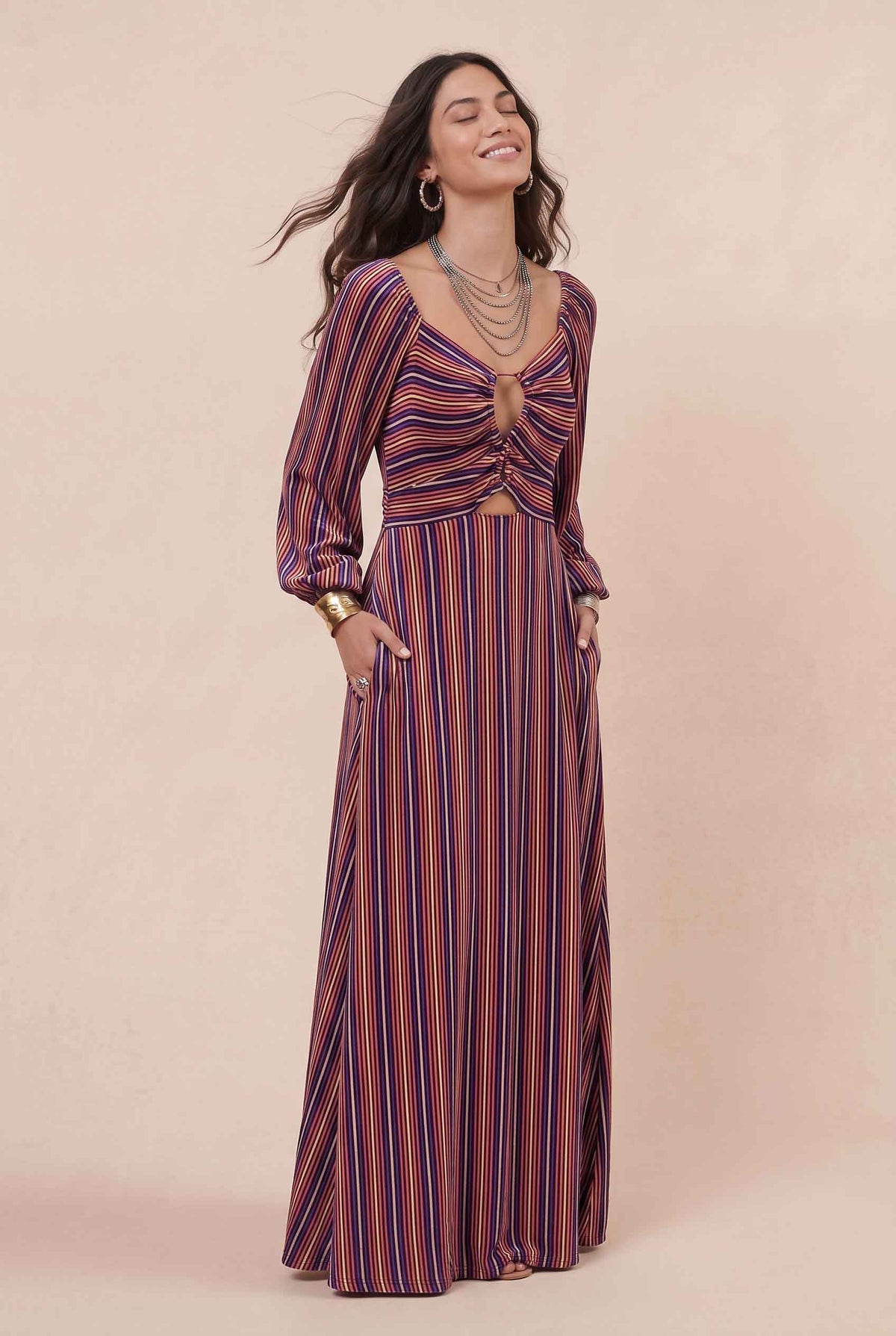 Hollow Design Striped Maxi Dress