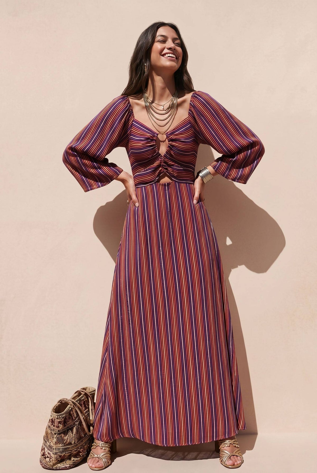 Hollow Design Striped Maxi Dress