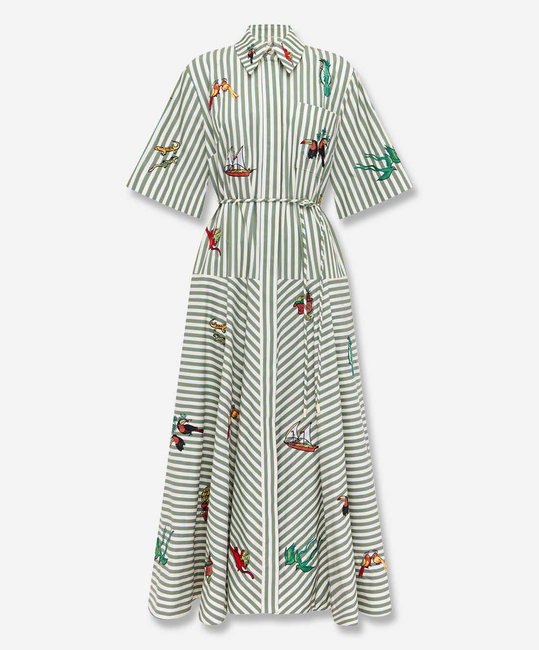 Robe chemise longue décontractée à rayures et imprimé tropical