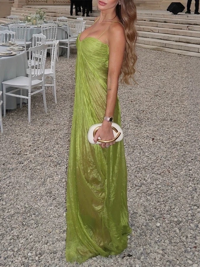 Lime Green Pleated Strapless Maxi Dress – Sweetheart Neck Mermaid Gown With Train
