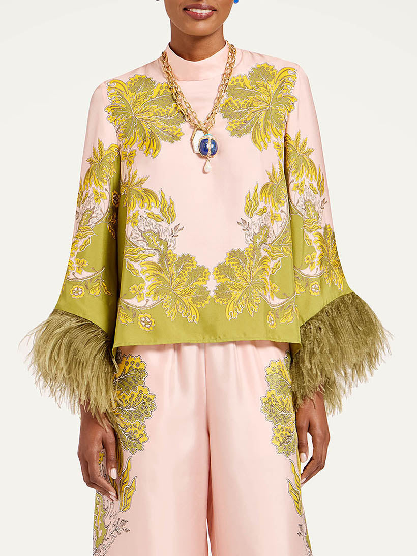 Exquisites Crop-Top mit Federsaum und Blumenmuster