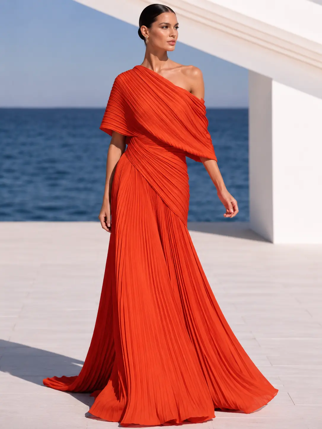 Vestido largo plisado naranja vibrante de un solo hombro – vestido de estilo griego