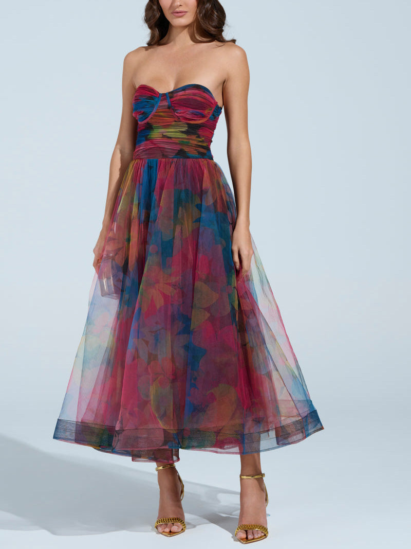 Elegant Fantasy Tulle Floral Print Midi Dress
