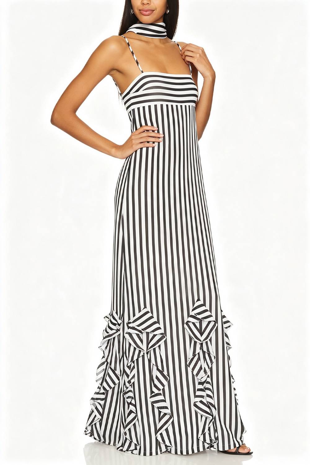 Vestido largo de vacaciones a rayas, con tirantes y volantes