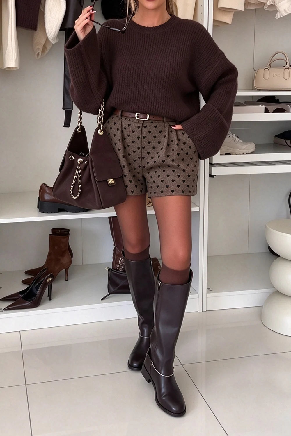 Ribbed Knit Sweater and Heart Print Shorts Two Piece Set