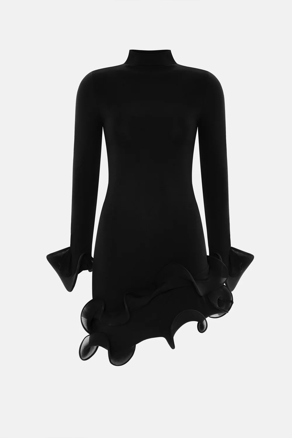 Black High Neck Long Sleeve Sculptural Petal Hem Mini Bodycon Dress