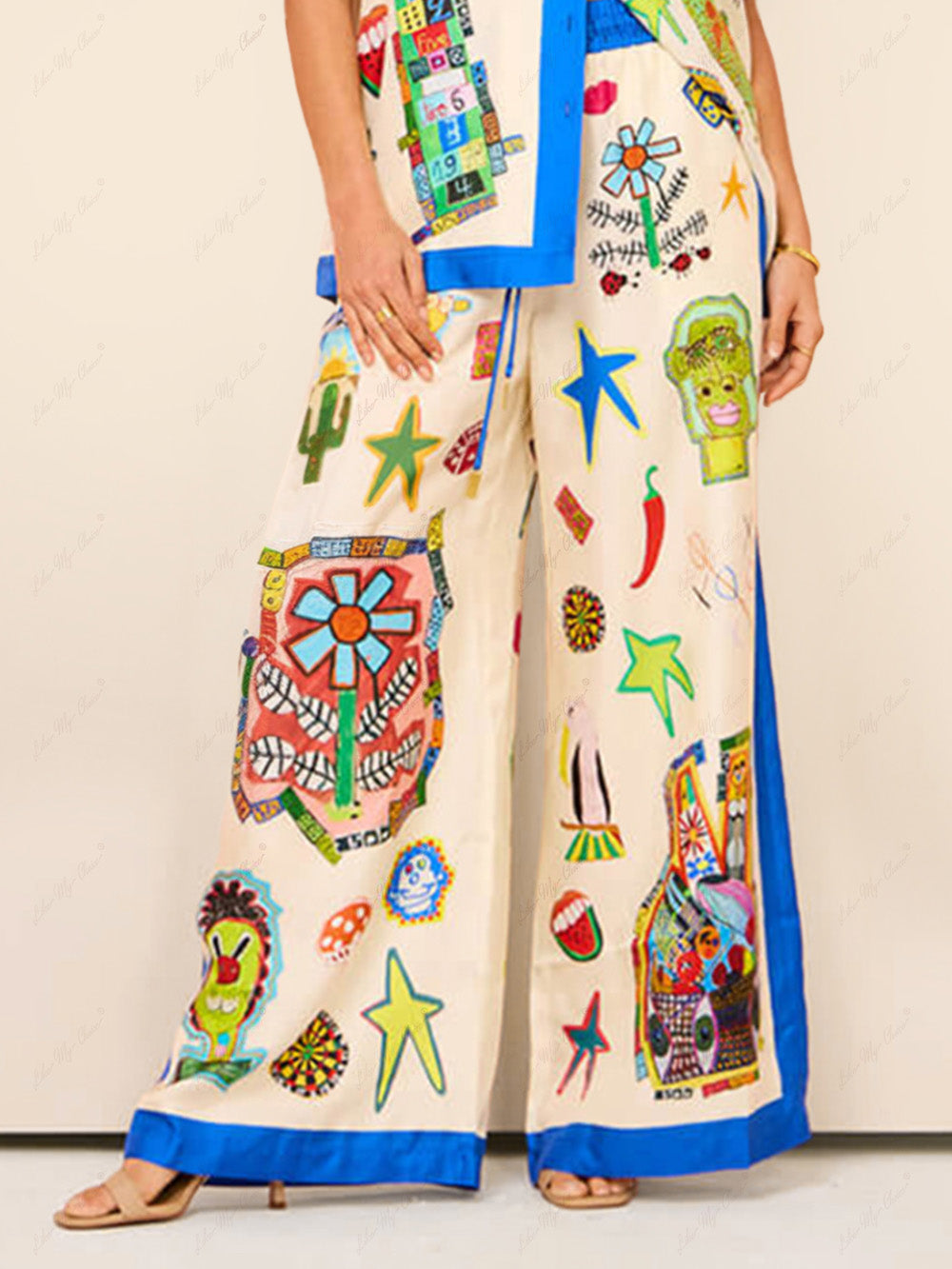 Pantaloni casual da vacanza a gamba larga, con stampa personalizzata e colori coordinati, rifiniti in pizzo