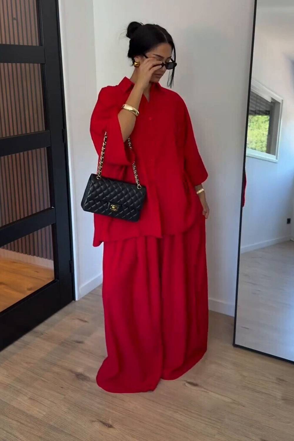 Oversized Lapel Button‑Up Shirt & Wide Leg Pants 2‑Piece Set