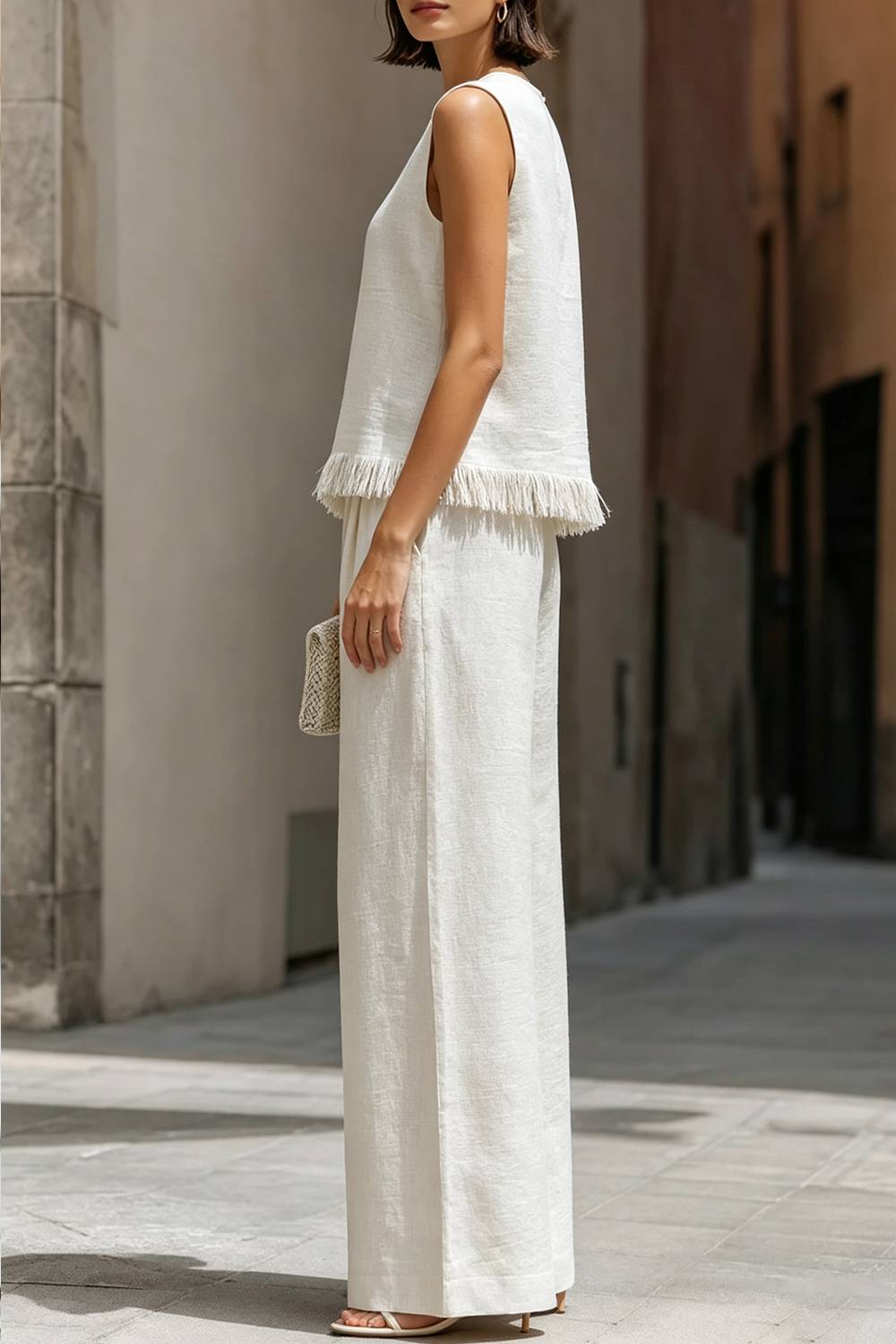 Completo a due pezzi con top senza maniche rifinito con frange e pantaloni a gamba larga
